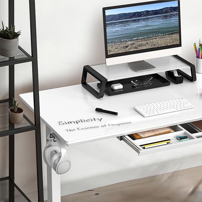 SHW 48x24 Glass Electric Height Adjustable Standing Desk – Motorized Sit Stand Desk with Monitor Riser Pull-Out Drawer Memory Presets White