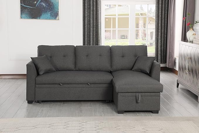 83 L-Shaped Sleeper Sectional Sofa with Storage Chaise &amp Cup Holders – Pull-Out Convertible Bed 3-in-1 Space-Saving Design for Apartments Modern Linen Fabric Easy Assembly