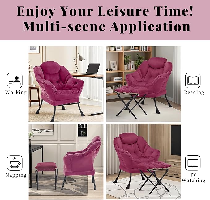 Lazy Chair with Ottoman Comfy Accent Lounge Chair with Side Pocket Modern Reading Armchair with Footrest Upholstered Sofa Chair for Small Spaces Bedroom Living Room Dorm Wine Red