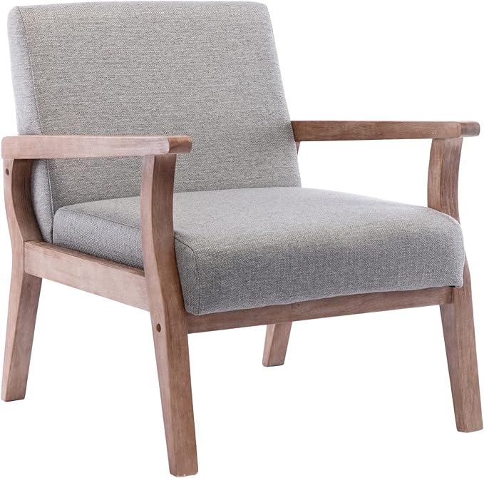 Wahson Comfy Living Room Chairs Linen Upholstered Accent Chairs Farmhouse Armchairs with Natural Wood Frame Oversized Decorative Chair for Bedroom Grey