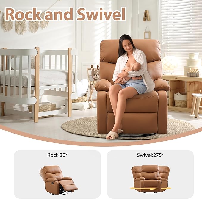 Genuine Leather Rocker Recliner Modern Manual Swivel Glider Recliner with Adjustable Backrest &amp Footrest Wall Hugger Swivel Rocking Recliner Chair for Modern Living Room and RV Warm Brown
