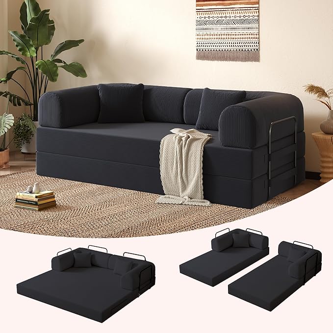 79'' Folding Sofa Bed 5-in-1 Convertible Sofa Bed BonelessComfy Foldable Foam Couch with Pillow Modular Floor Couch for Living RoomBedroomLounge - Corduroy Black