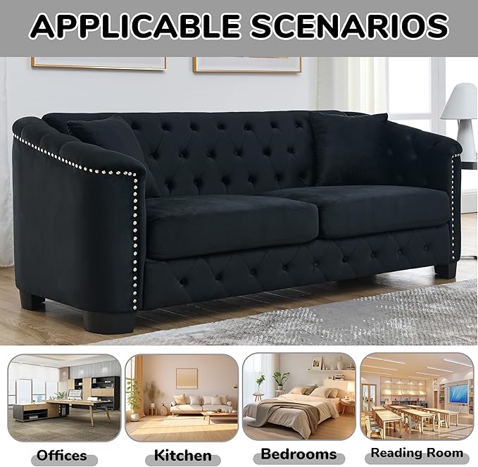 2 Piece Modern Chesterfield Velvet 77 3-Seater + 59 Loveseat Sofa Set Upholstered Tufted Backrests with 8 Nailhead Arms and 4 Cushions for Living Room (Black 77 3-Seater + 59 Loveseat Sofa Set)