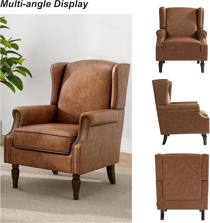 Floral High Back Accent Chair Upholstered Armchair with Solid Wood Legs Comfy Wingback Reading Single Sofa Chair for Small Spaces Living Room Bedroom(Leather Brown Set of 1)