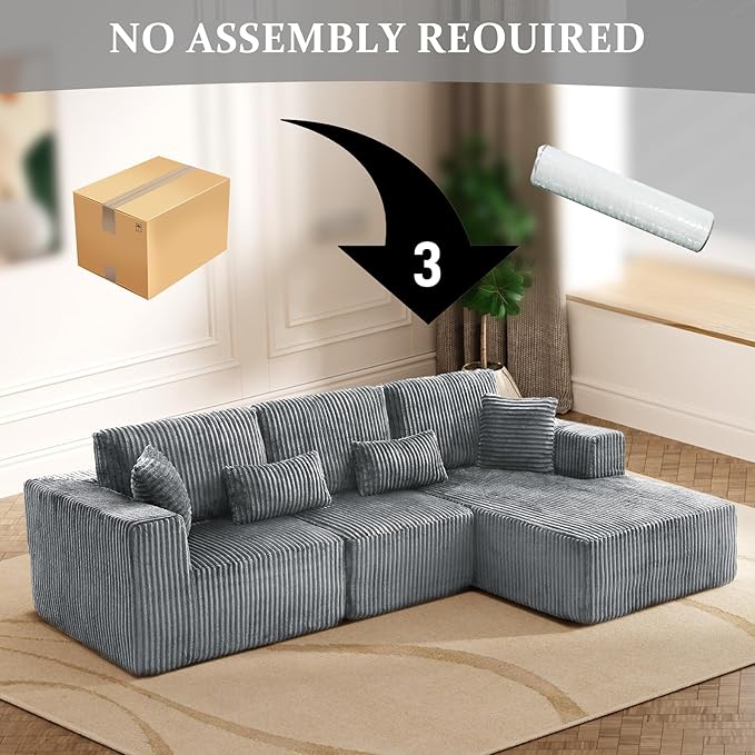 108 Boneless Cloud Sectional Couches for Living Room Comfy Fluffy L Shaped Memory Foam Deep Seat Boneless Couch Modular Sectional Sofa with Right Facing Chaise Dark Grey
