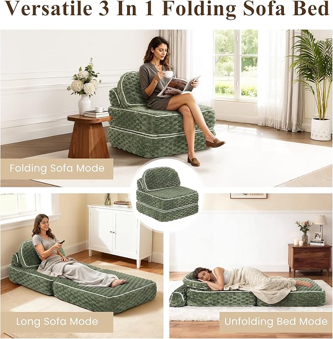 Folding Sofa Bed 3-in-1 Convertible Sleeper Chairs with PillowBack Support Fuzzy Fabric Floor Couch Bed for Adults Boneless Couches Living Room Bedroom Apartment Green