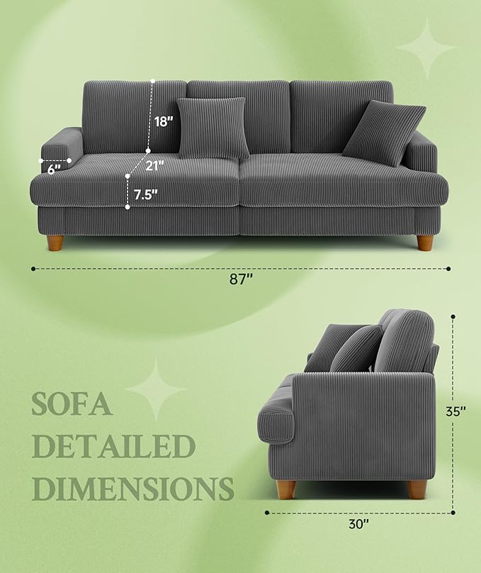 87.2 Couches for Living Room Comfy Grey Couch 7.5 Extra Thick Cushion Sofas for Living Room Tool-Free Setup Loveseat Sofa 848lbs Support Corduroy Couch for Bedroom Apartment Office