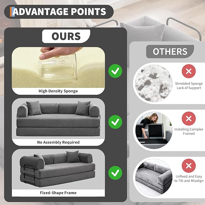 78'' Convertible Sleeper Sofa Bed4 in 1 Corduroy Boneless Couch with PillowsFolding Sectional Couch with Pull Out BedFloor Sofa Loveseat for Living RoomBedroomNo Assembly RequiredGray