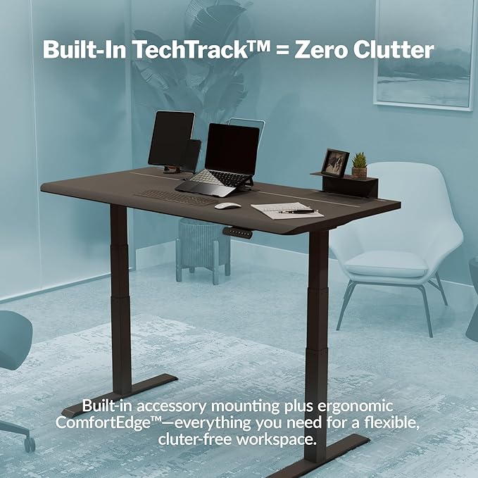 Vari ComfortEdge 60x30 Inch Adjustable Electric Standing Desk with TechTrack – Sit Stand VariDesk with Memory Presets Included Phone Stand &amp Shelf 200 LB Capacity Tool-Free Assembly (Black)