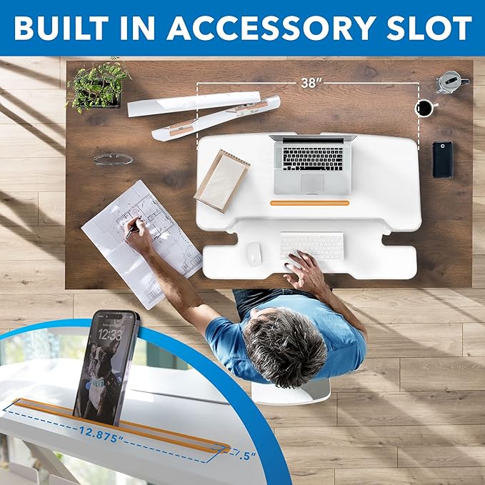 Mount-It! Standing Desk Converter White 38” Wide Height Adjustable Stand Up Desk Riser Desk Topper with Gas Spring Desktop Standing Desk with Keyboard Tray Fits Two Monitors