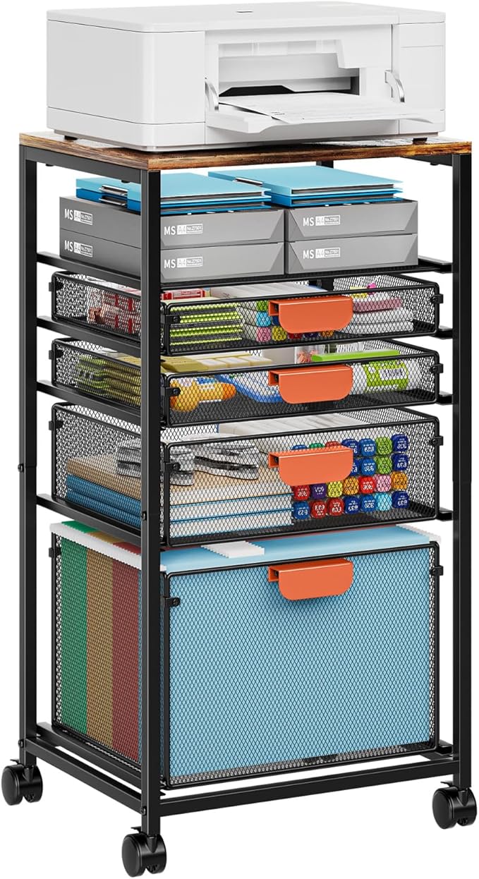 Marbrasse Rolling File Cart with 4 Storage Drawers Mobile File Cabinet on Lockable Wheels Hanging Filing Cabinet Organize Under Desk Utility Cart for Home Office - Dark Brown