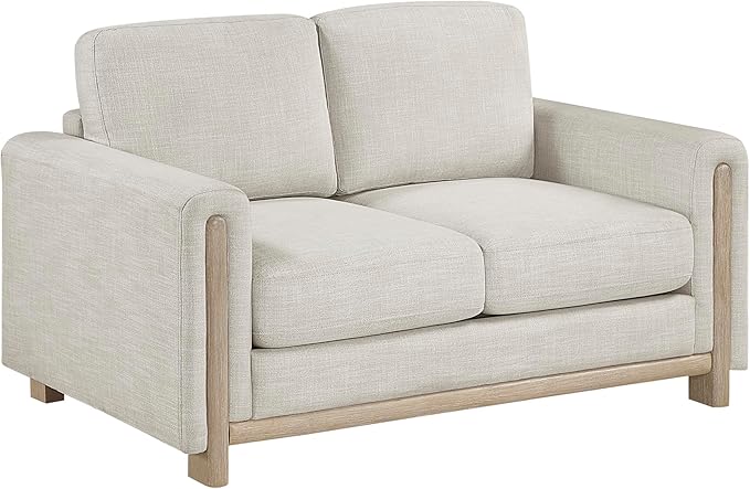 Lexicon Modern Upholstered Living Room Loveseat Textured Fabric Love Seat Track Arm Wood Frame and Natural Finish Wood Legs Reversible Back Cushion No Assembly Beige