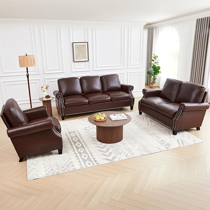 LEVNARY Compact PU Leather Sofa Set 3 Piece Small Space Couch Set with 3-Seater Loveseat &amp Armchair Comfortable Nailhead Trim Living Room Furniture for Apartment Office Guest Room (Brown)
