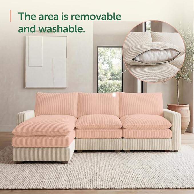 HONBAY 97.6 Inch Corduroy Cloud Modular Sectional Sofa with Chaise Deep Seat L-Shaped Couch with Storage for Living Room Apartment Small SpaceBeige