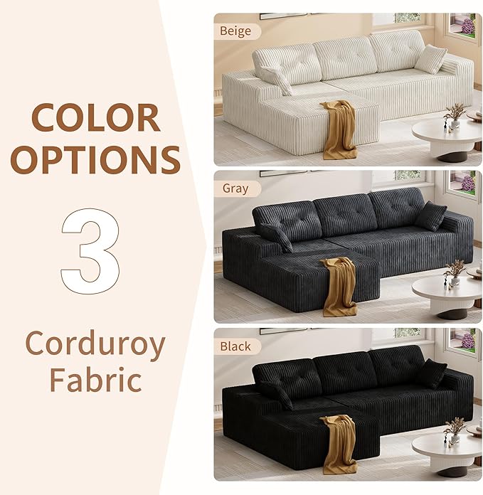 Ball &amp Cast 106 Cloud Modular Sectional Sofa Boneless Corduroy Couch with Deep Seat Comfy L-Shaped Sectional Modern Upholstered Sofa for Living Room No Assembly (Beige Left Facing Chaise)
