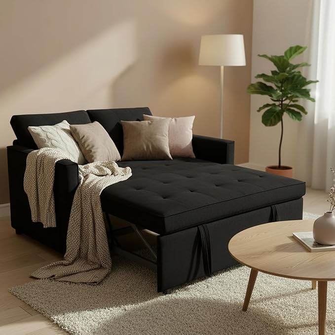 Sofa Bed Pull Out Couch with Side Pockets 3 in 1 Velvet Fabric Loveseat Sleeper Sofa Bed Pull Out Couch with Adjustable Backrest for Living Room Bedroom Apartment Black 53 Inch