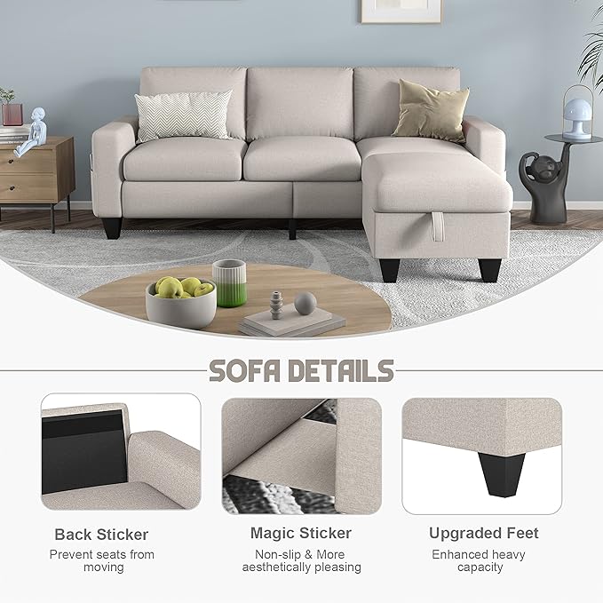 78'' Convertible Sectional Sofa Couch: Beige 3 Seat L-Shaped Sofa Couches with Storage Ottoman and Pockets - Modern Linen Upholstered Sofa Couch Sets for Living Room Office Apartment Small Space