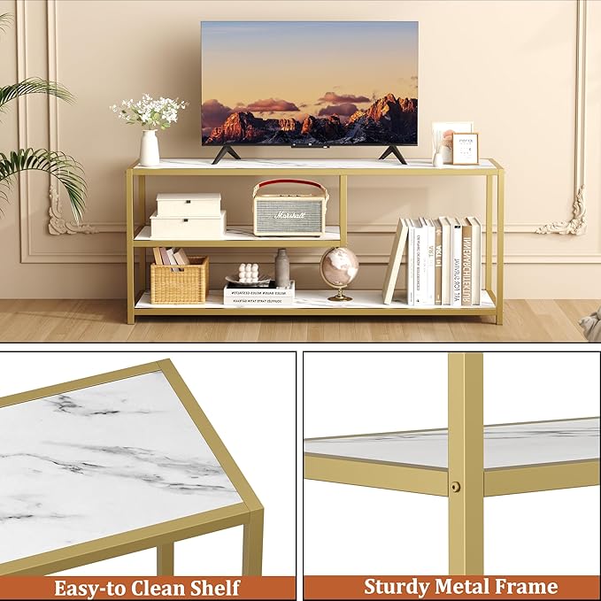 Function Home TV Stand for TVs up to 55 Inch 3 Tier Entertainment Center Media Console with Open Storage Shelves for Living Room Bedroom 47” Modern TV Table with Faux Marble Top Gold Metal Leg