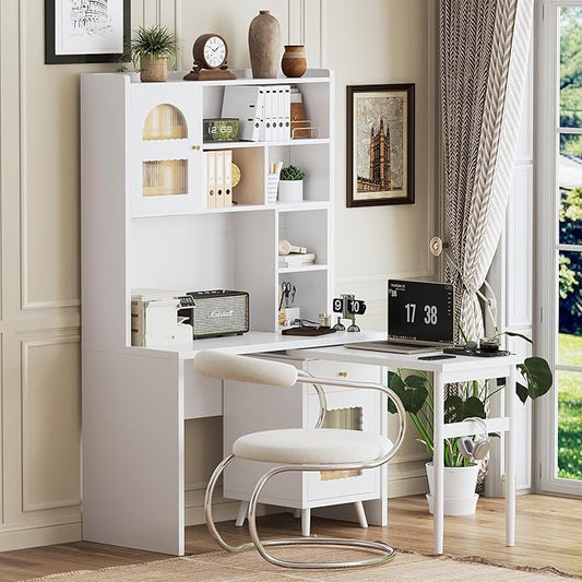 L Shaped Home Office Desks with 90° Rotating Retractable Desktop Glass Door Hutch Drawers Bookshelf &amp Storage Shelves 43 Modern Gaming Computer Corner Table for Work Study Writing White