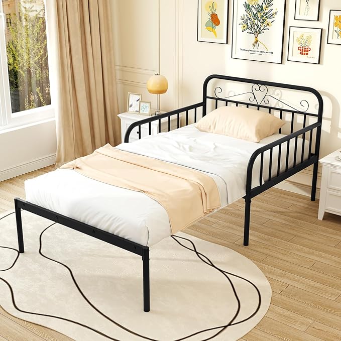 Giantex Metal Twin Bed Frame Convertible Sofa Bed with Headboard &amp Armrests Pull-Out Sleeper Chair Bed for Small Spaces Dorm Guest Apartment Suitable for Folding Sofa Mattress (Black)