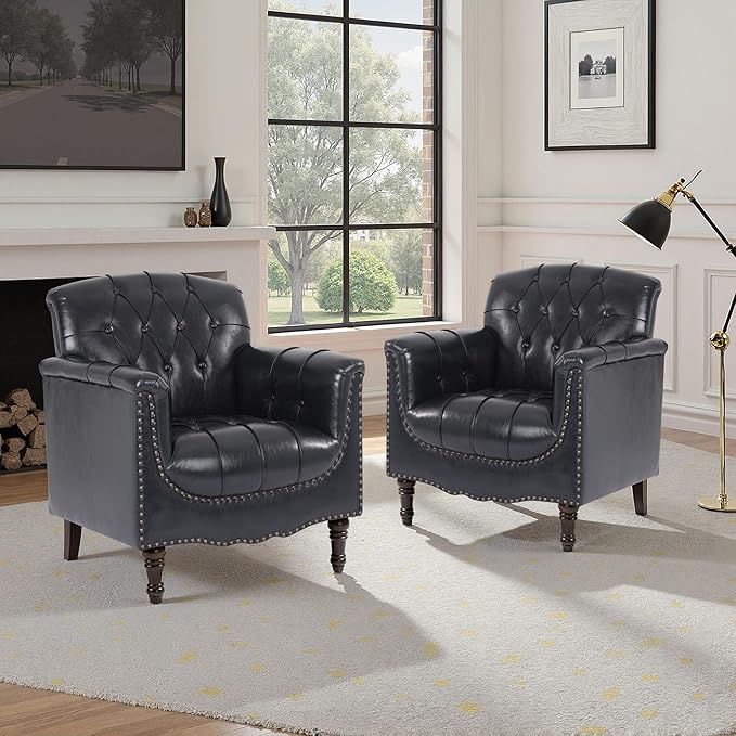 Faux Leather Accent Chair PU Leather Modern Comfy Upholstered Armchair with Wood Legs &amp Nailhead Trim for Living Room Bedroom (Black BlueSet of 1)