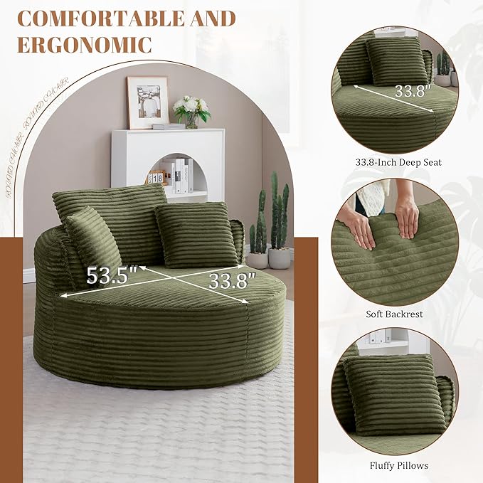 53W Oversized Round Chair Lounge Chaise Indoor Corduroy Comfy Circle Reading Armchair Upholstered Modern Cloud Boneless Chairs Cozy Floor Sofa Chair for Living Room Bedroom Apartment(Green)