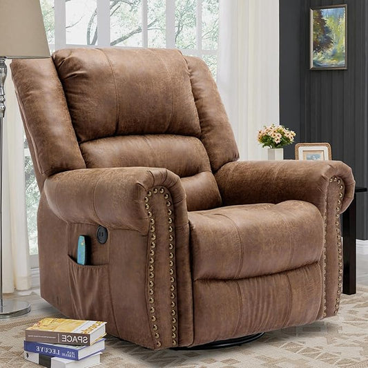 VIVIJASON Massage Swivel Rocker Recliner Chair with Heat &amp Vibration 360° Swivel Manual Glider Rocking Reclining Chair with Remote Control Side Pockets &amp USB Ports for Living Room Nut Brown