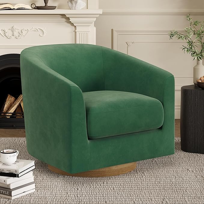 Swivel Barrel Accent Chair with Solid Wood Base Round Velvet Living Room Arm Chairs Modern Upholstered Comfty Reading Nook Chairs for Bedroom Club Armchair Single Sofa Side Chair Green