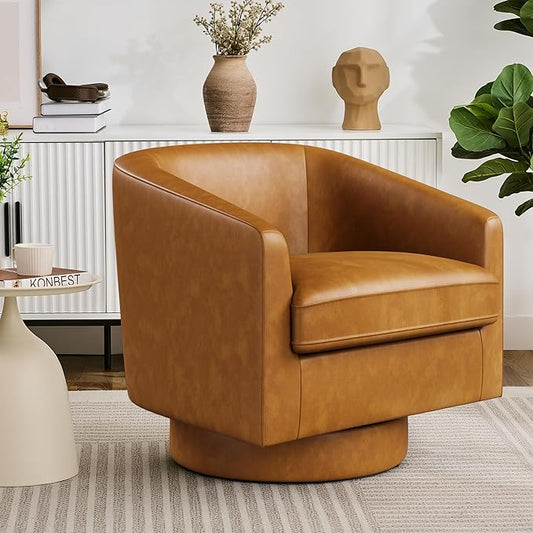 Swivel Barrel Accent Chair Round Faux Leather Living Room Arm Chairs Modern Upholstered Comfty Reading Nook Chairs for Bedroom Small Club Armchair Single Sofa Side Chair Brown