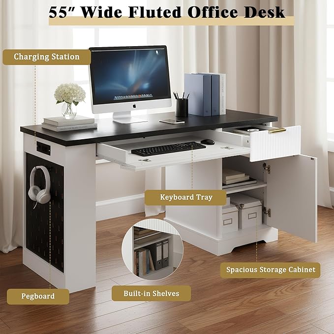 55 Modern Fluted Office Desk with Storage Cabinet &amp Drawers Computer Writing Desk with Power Outlet Pegboard Built-in Shelves &amp Keyboard Tray for Study Home Office White