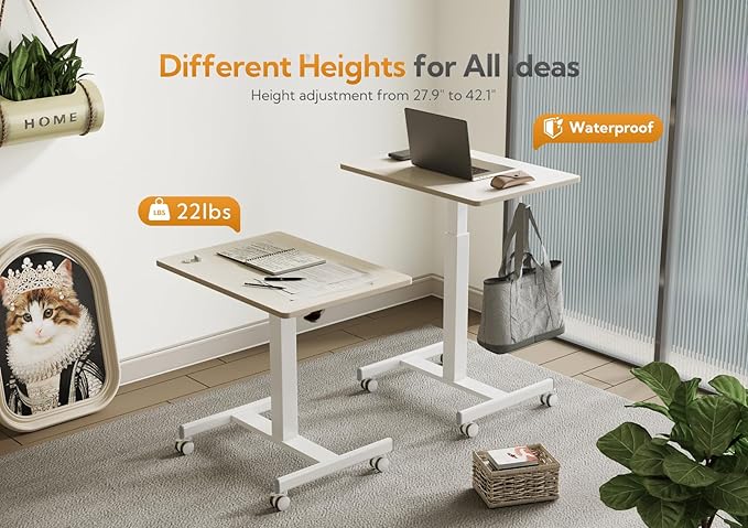 YDN Mobile Mobile Standing Desk Adjustable Height Portable Laptop Desk with Lockable Wheels 25.5 x 18.8 Rolling Desk with Hook for Computer Workstation Natural