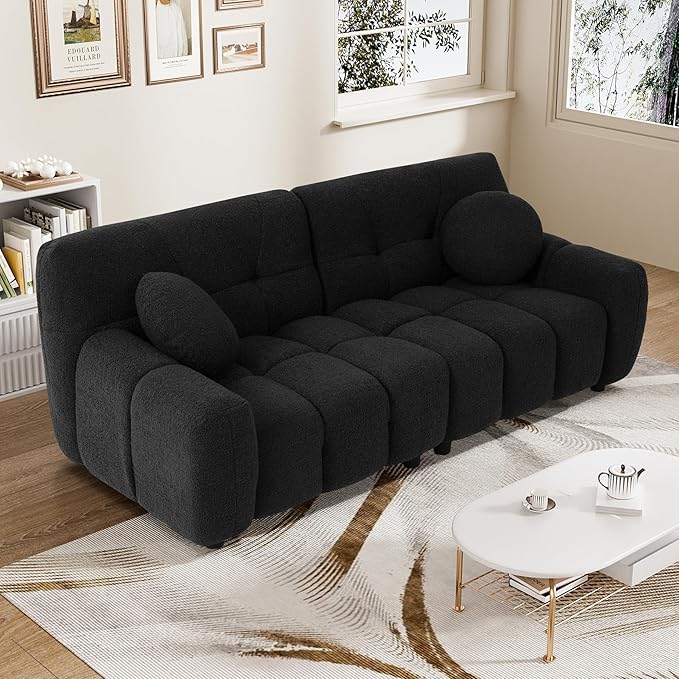 Modern Boucle Sofa Couch Comfy Deep Seat Teddy Cloud Couch 72.8 Upholstered Cozy Sherpa 2 Seater Couches with Pillows Oversized Loveseat Sofa for Living Room Apartment Black