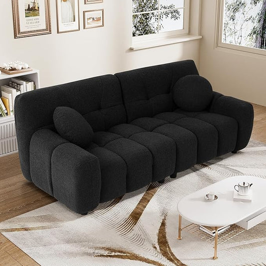 Modern Boucle Sofa Couch Comfy Deep Seat Teddy Cloud Couch 72.8 Upholstered Cozy Sherpa 2 Seater Couches with Pillows Oversized Loveseat Sofa for Living Room Apartment Black