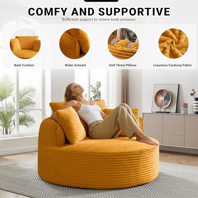 Oversized Round Lounge Chair Indoor Corduroy Upholstered Deep Seat Cloud Circle Sofa Chair Fluffy Boneless Sleeper Chair for Reading &amp Lounging No Assembly Required (Yellow)
