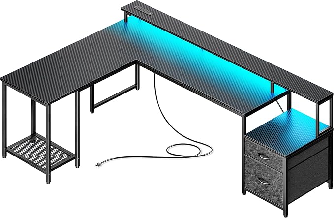 PRAISUN 66 L Shaped Gaming Desk with LED Lights &amp Power Outlets Computer Desk with Fabric Drawers and Print Stand Corner Office Desk Monitor Stand Mesh CPU Stand Carbon Fiber Black