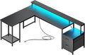 PRAISUN 66 L Shaped Gaming Desk with LED Lights &amp Power Outlets Computer Desk with Fabric Drawers and Print Stand Corner Office Desk Monitor Stand Mesh CPU Stand Carbon Fiber Black