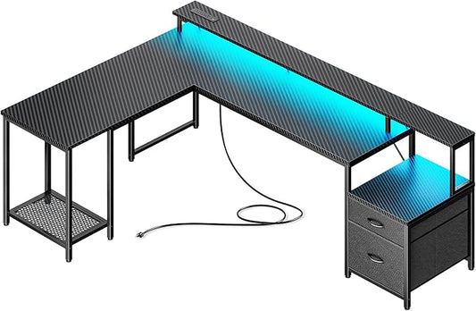 PRAISUN 66 L Shaped Gaming Desk with LED Lights &amp Power Outlets Computer Desk with Fabric Drawers and Print Stand Corner Office Desk Monitor Stand Mesh CPU Stand Carbon Fiber Black