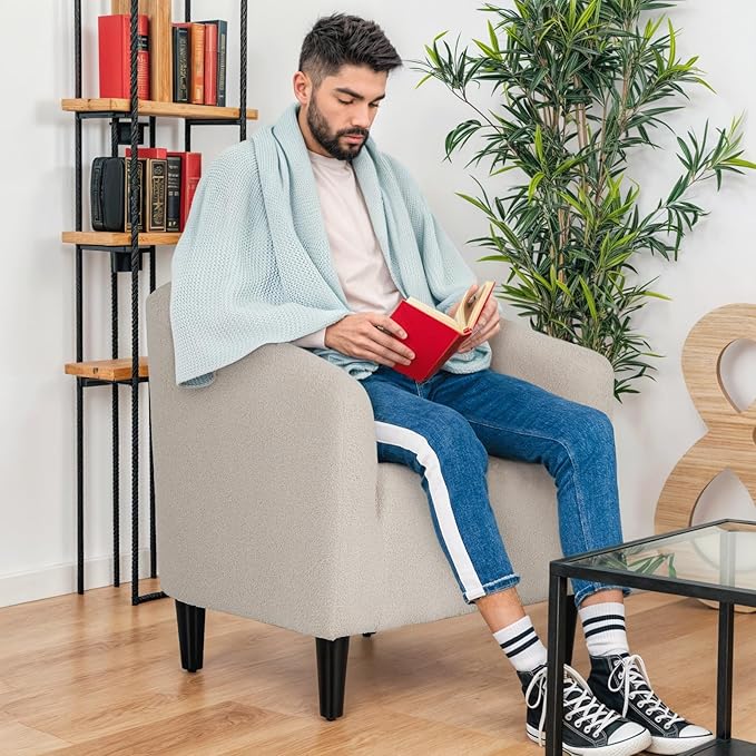 Modern Barrel Chair Furry Sherpa Accent Chair with Wood Legs Elegant Upholstered Armchair Single Sofa Chair for Bedroom Living Room Office Gray