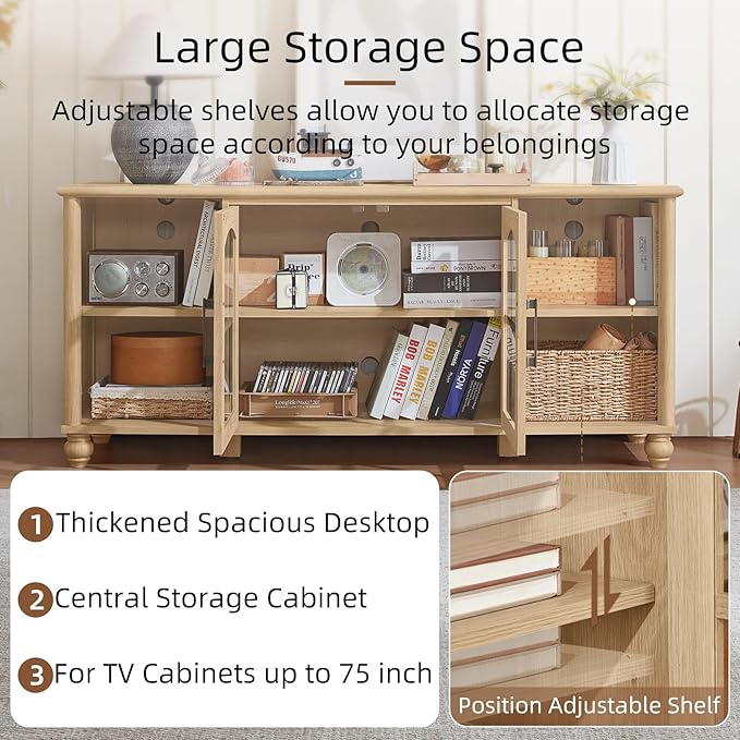 Farmhouse TV Stand for 60 Inch TV Wood Entertainment Center with Glass Door Storage Cabinet &amp Adjustable ShelvesTelevision Stands for 65 TVS TV Console Table for Living RoomBedroomNatural