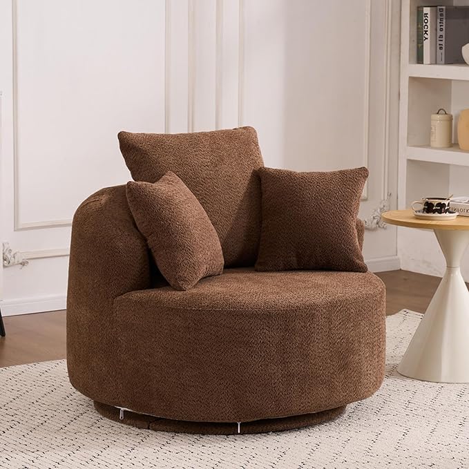 40” Brown Round Swivel Chair with 3 Pillows &amp Thick Cushion Oversized 360° Swivel Accent Chair Modern Boucle Armchair for Nursery Living Room Bedroom Club