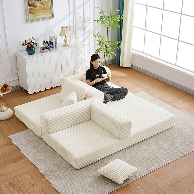 Upgraded King Size Foldable Sleeper Sofa Bed Folding No-Assembly Floor Couch Futon with 4 Pillows Wide Armrests &amp Storage Pockets Corduroy Convertible Sofa for Living Room Apartments Beige