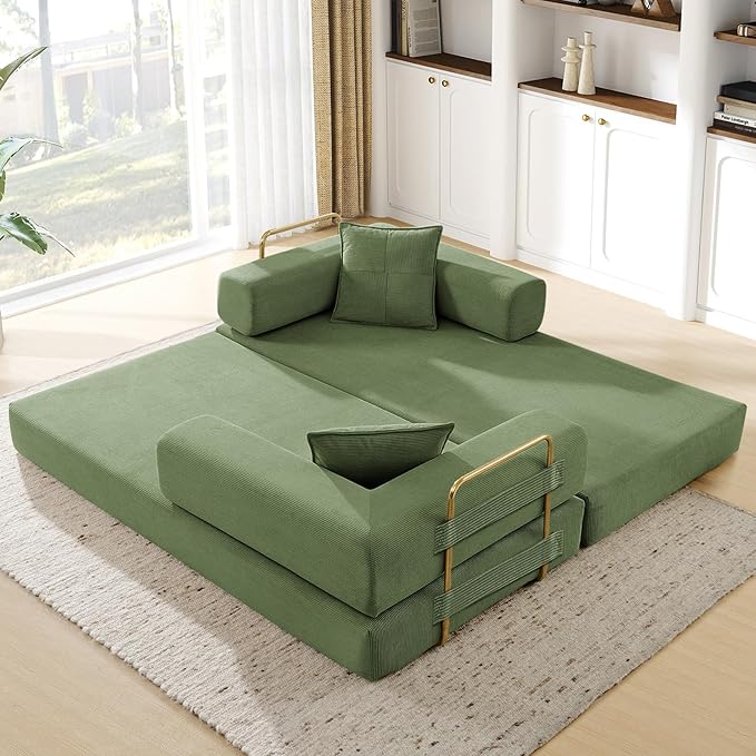 Convertible Folding Sofa Bed Corduroy Sleeper Mattress Couch with Fixed-Shape Frame Free Combination Loveseat Lounge Floor Sofa Queen Size Memory Foam Couch for Living Room Bedroom Dark Green