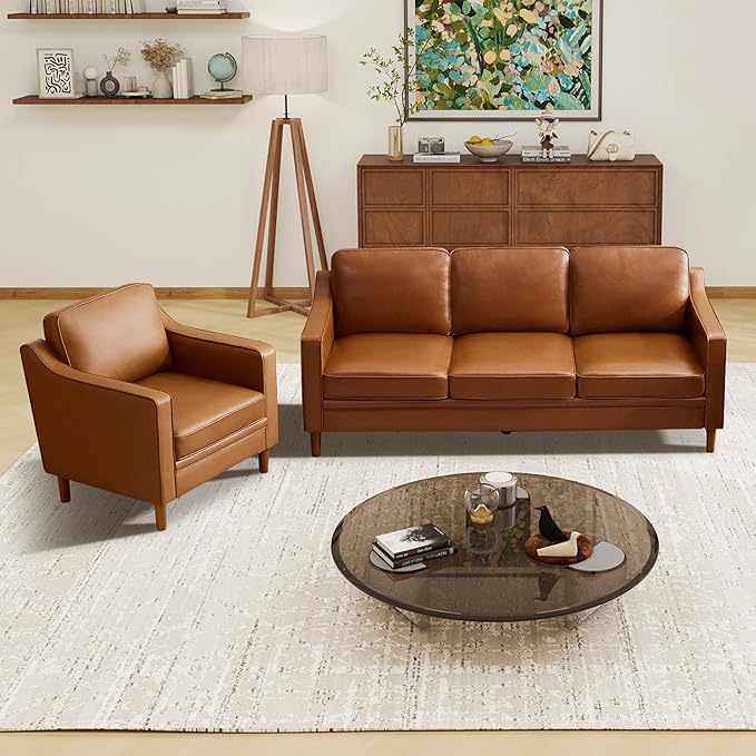 Kingfun Living Room Furniture Sets 3 Seater Couch and Loveseat Mid Century Modern Sofa Set Faux Leather Couch with Solid Wood Frame for Living Room &amp Bedroom Dark Brown