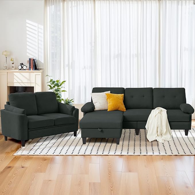 5 Seat Sectional Sofa Set for Living Room Set 2 PCS Modern Couch Set 84 Width 3 Seat Couch &amp Loveseat with Ottoman and Thick Cushion(3+2 Seat/Black)
