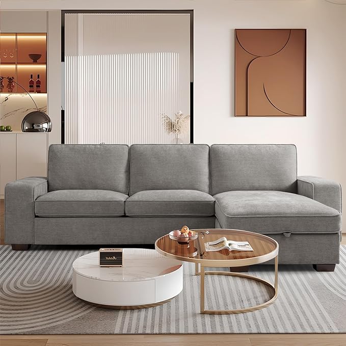 PARKOL 101 L-Shaped Sectional Couch with Storage Sofa with Reversible Chaise USB Type-C Charging Chenille Fabric Removable Cushion Covers for Small Space Apartment Living Room Light Gray