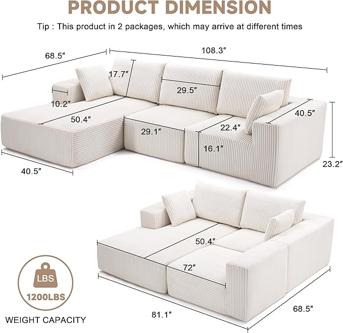 HUATEAN 108” Modular Sectional Sofa Cloud Sectional Couch with Deep Seat Modern Modular L-Shape Sofa Couch with ChaiseUpholstered Couches for Living Room Bedroom (CorduroyLvory)
