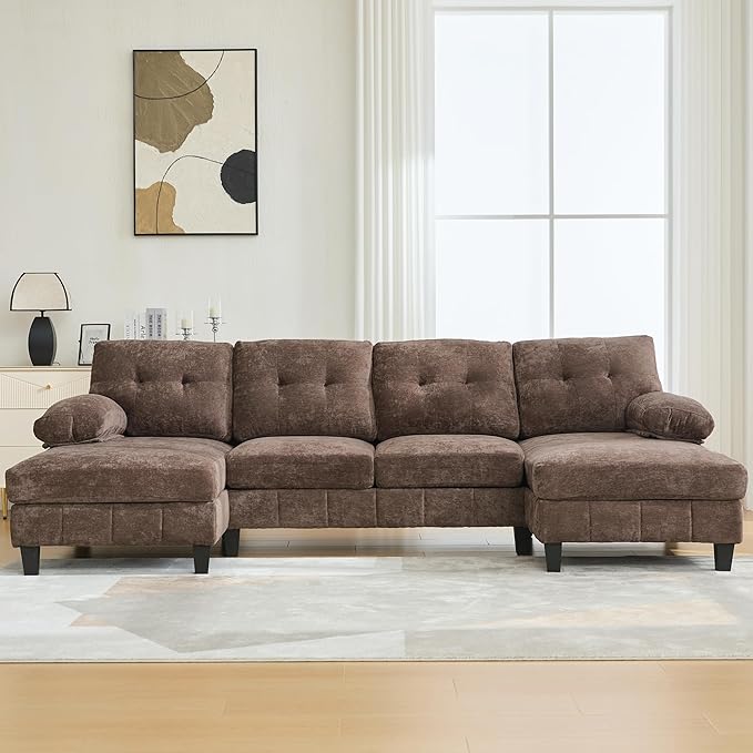 103.5 U-Shaped Sectional Sofa Modern Chenille Fabric Couch with Dual Chaise Lounges Side Storage Pockets and Armrest Pillows for Living Room (Brown//16)