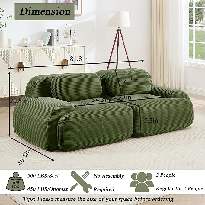Modular Sectional Sofa Boneless Couch Corduroy Cloud Couch Modern Deep Seat Sectional Couches for Living Room 82 Loveseat Apartment Sofa Small Couches for Small Spaces No Assembly(Green)