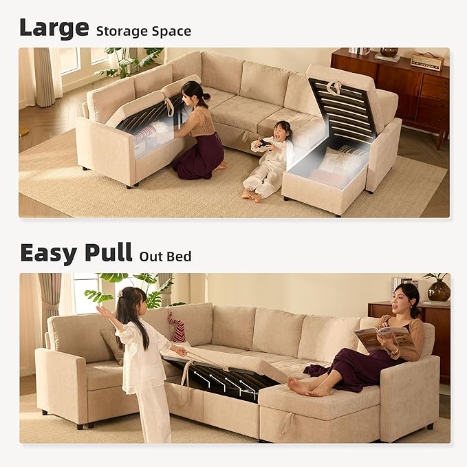 107 Sleeper Sofa Set of Modular Pieces with Pull Out Bed U Shaped Sectional Couch with Storage Extra Wide&ampDeep Seat Couches for Living Room Removable Sofa Cover Chenille-Flat White