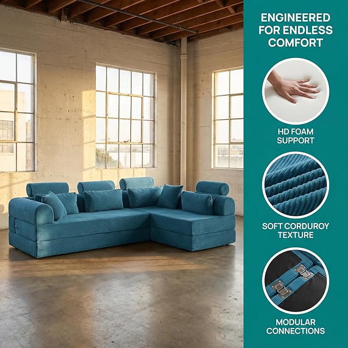 KEIKI 106 4Seat Modular Sectional Corduroy Sofa Couch for Urban Loft Bedroom Studio Family Friendly Urban Professionals Luxurious Elegant Sophisticated Refined Design Quality Design Black